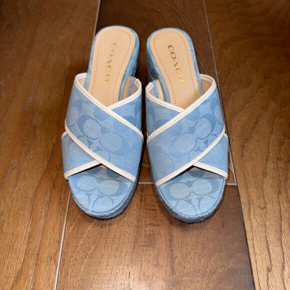 Coach Sloan Signature Espadrille Block Heel Sandals Blue Chambray Size 6 - Picture 2 of 7